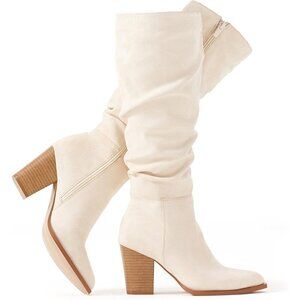 Women's Pointed Toe Knee High Faux Suede Slouch Beige High Boots Chunky Heels